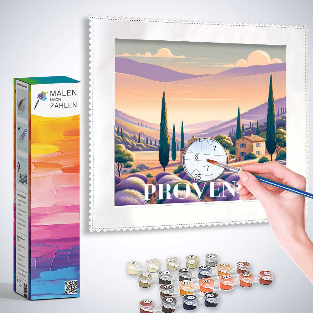 Malen nach Zahlen Set Lavendeltraum in der Provence mit Landschaftsmotiv, inklusive Farben und Pinseln.