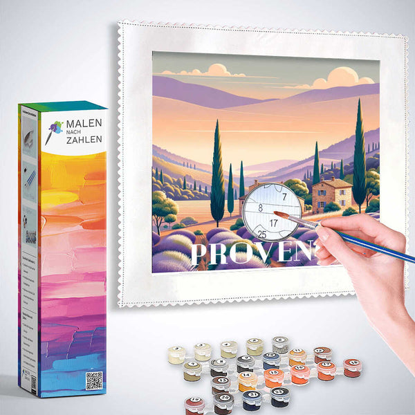 Malen nach Zahlen Set Lavendeltraum in der Provence mit Landschaftsmotiv, inklusive Farben und Pinseln.