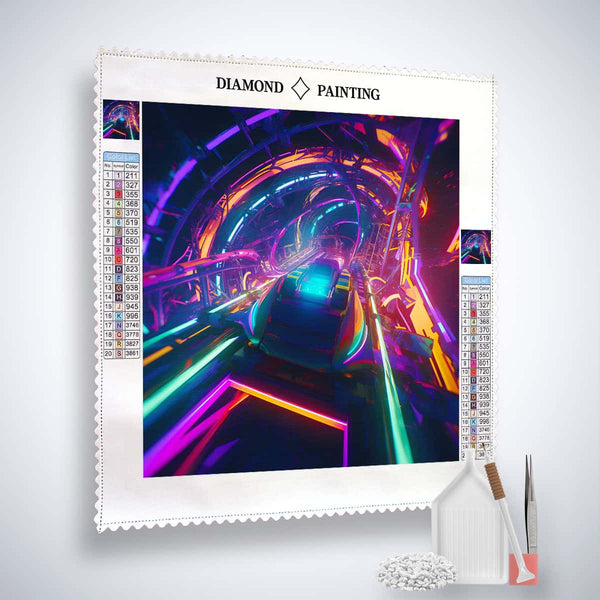 AB Diamond Painting - Zukunft, buntes futuristisches Motiv mit Setzstift, Pinzette und Acryl Diamonds auf Leinwand.