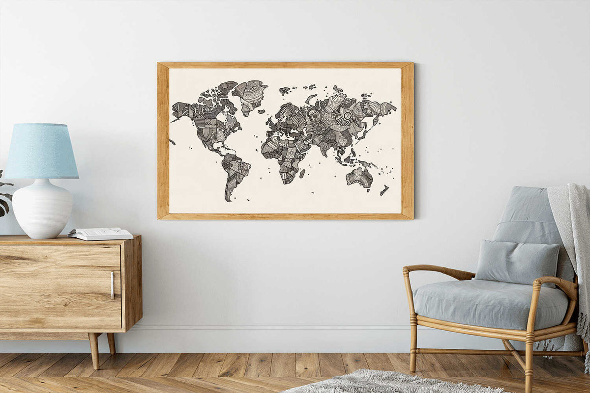Malen nach Zahlen Weltkarte mit eleganten Mustern, monochromatisch, Wohnzimmerdekoration, moderne Wandkunst Welt der Muster