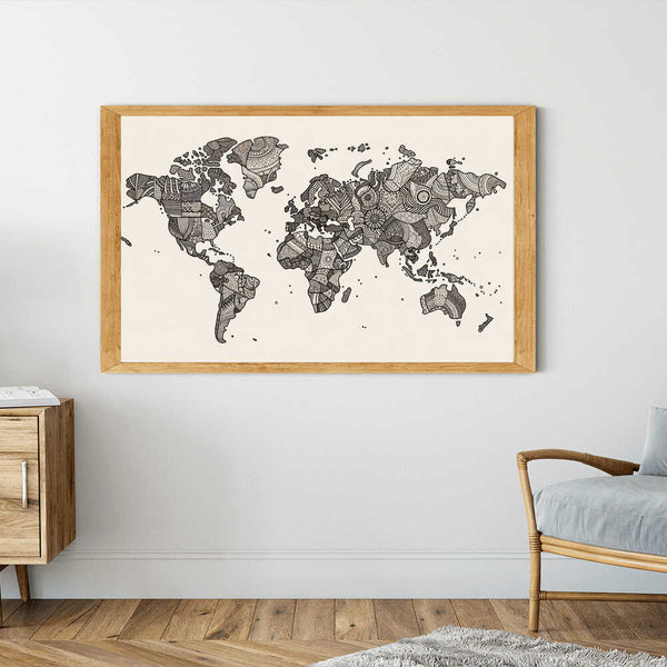 Malen nach Zahlen Weltkarte mit eleganten Mustern, monochromatisch, Wohnzimmerdekoration, moderne Wandkunst Welt der Muster