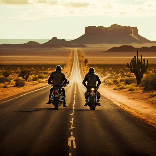 Two motorcyclists riding on a desert road with mountains in the background and a cactus on the side.