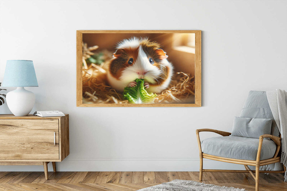 Framed painting by numbers of a cute pig on a white wall in a modern living room