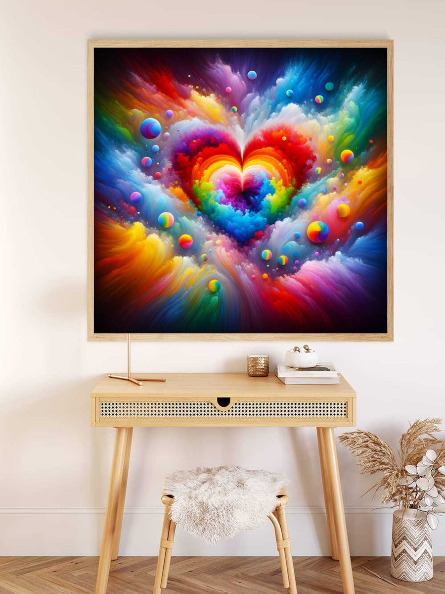 Bright colorful abstract love painting with rainbow heart, displayed above a wooden desk with a stool and decorative items.