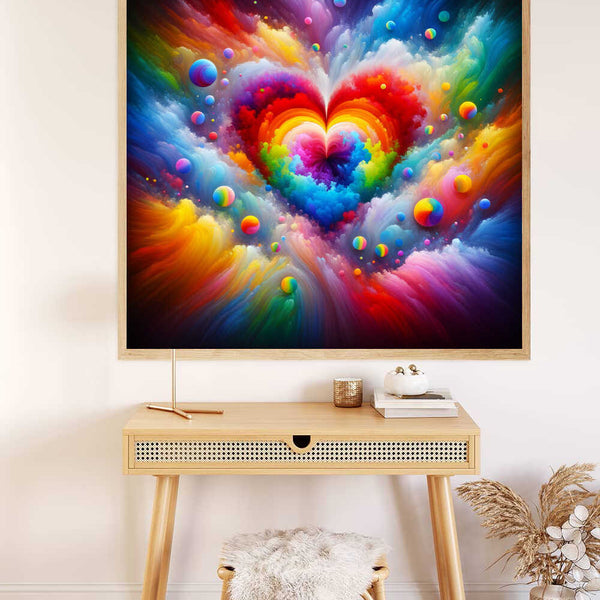 Bright colorful abstract love painting with rainbow heart, displayed above a wooden desk with a stool and decorative items.