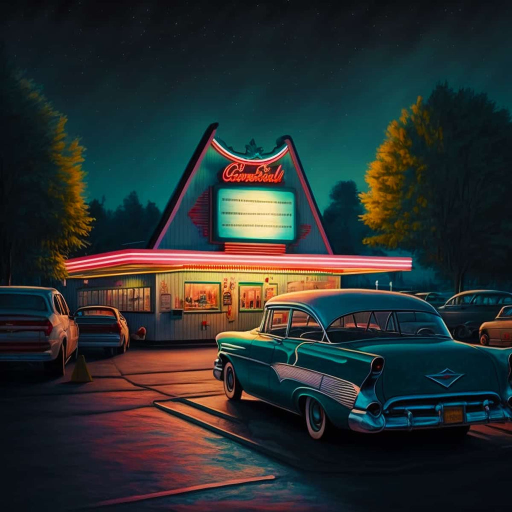 Retro diner at night with vintage cars in 50s style setting for diamond painting kit