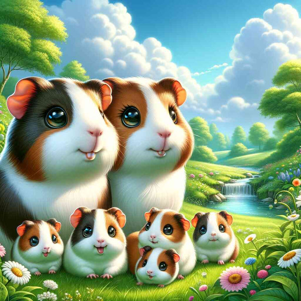 Niedliche Meerschweinchenfamilie im grünen Wiesenhintergrund mit Blumen und Bach. Perfekt für Malen nach Zahlen - Zauber der Wiesenfreunde.