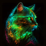 Neon green cat portrait in vibrant glowing colors – Malen nach Zahlen kit for relaxing painting experience.