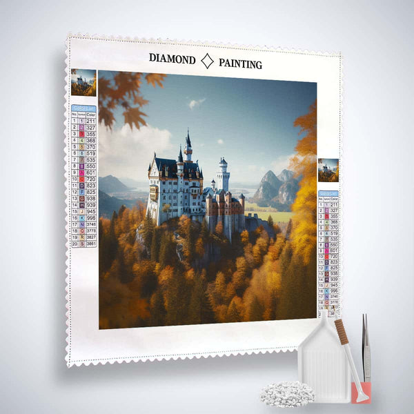 Diamond Painting Kit Schloss Neuschwanstein with canvas, acrylic diamonds, artist tweezers, and professional applicator