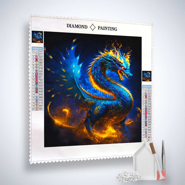 Diamond Painting Kit featuring a mystical blue and orange dragon with included tools and materials.