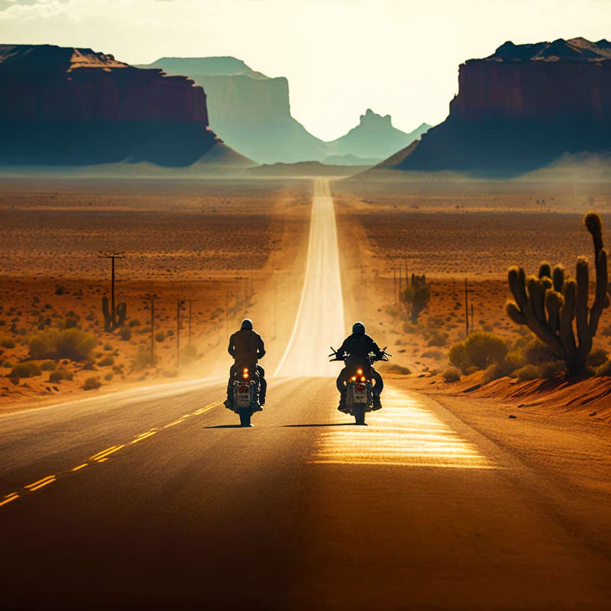 Two motorcyclists riding on an open road through a desert landscape with towering rock formations and a golden sunset.