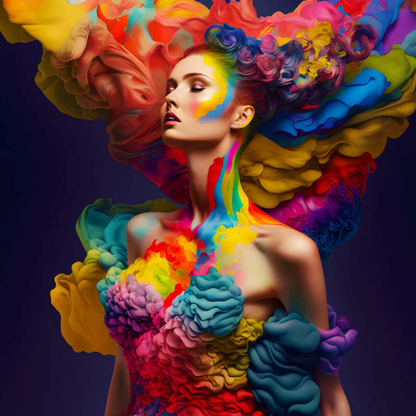 Woman with vibrant, colorful hairstyle in AB Diamond Painting kit - Farbexplosion Frauenfrisur.