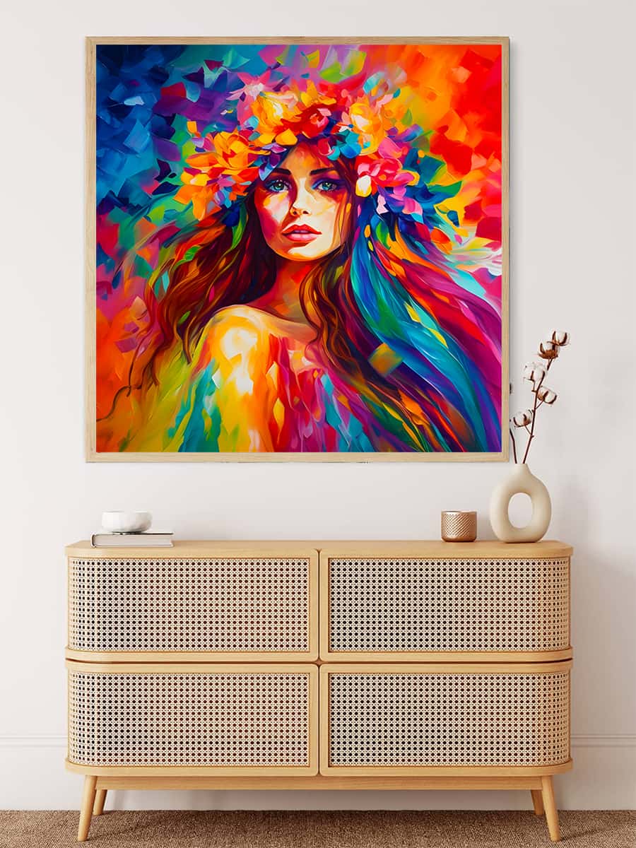 Colorful woman painting displayed above a beige woven cabinet with minimalistic decor.