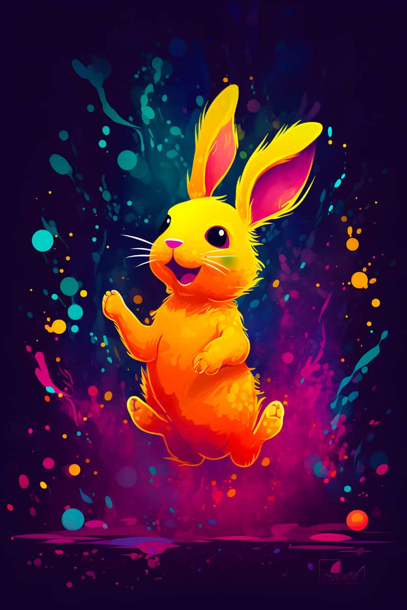 Diamond Painting of a cheerful, colorful rabbit with vibrant splashes of neon in the background.