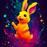 Diamond Painting of a cheerful, colorful rabbit with vibrant splashes of neon in the background.