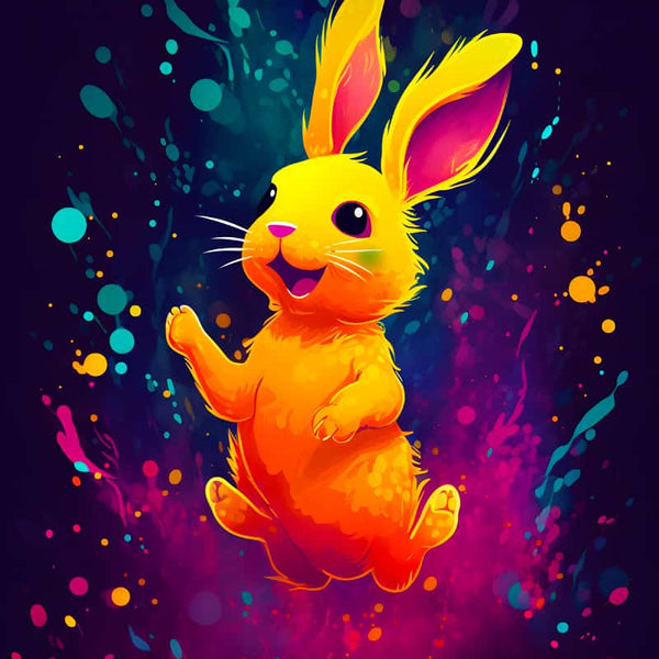 Diamond Painting of a cheerful, colorful rabbit with vibrant splashes of neon in the background.