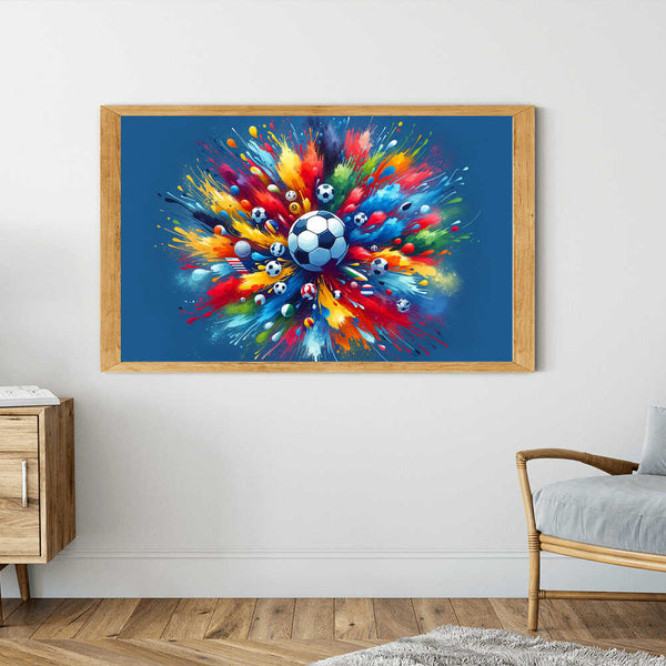Farbenexplosion am Spielfeldrand Malen nach Zahlen Leinwandkunst mit Fußball und bunten abstrakten Farben in Wohnzimmerrahmen.