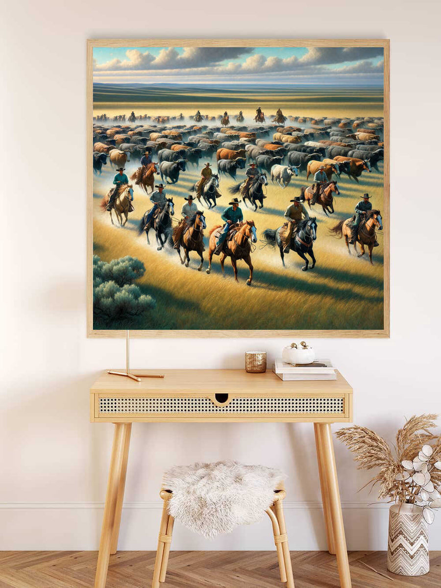 Malen nach Zahlen "Weite des Wilden Westens" Bild über einem stilvollen Tisch, zeigt Cowboys, die eine Viehherde reiten