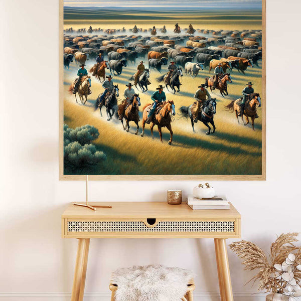 Malen nach Zahlen "Weite des Wilden Westens" Bild über einem stilvollen Tisch, zeigt Cowboys, die eine Viehherde reiten