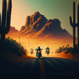 Biker gang riding on highway through desert with mountains in the background at sunset, part of Diamond Painting Kits - Asphalt Cowboy.