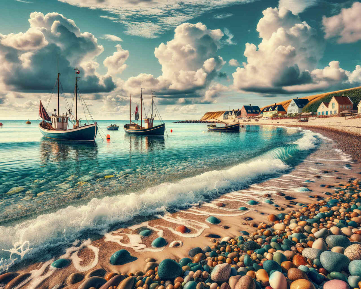 Peaceful fisher village with pastel sky, clear water, colorful pebbles on shore, and traditional boats gently swaying.