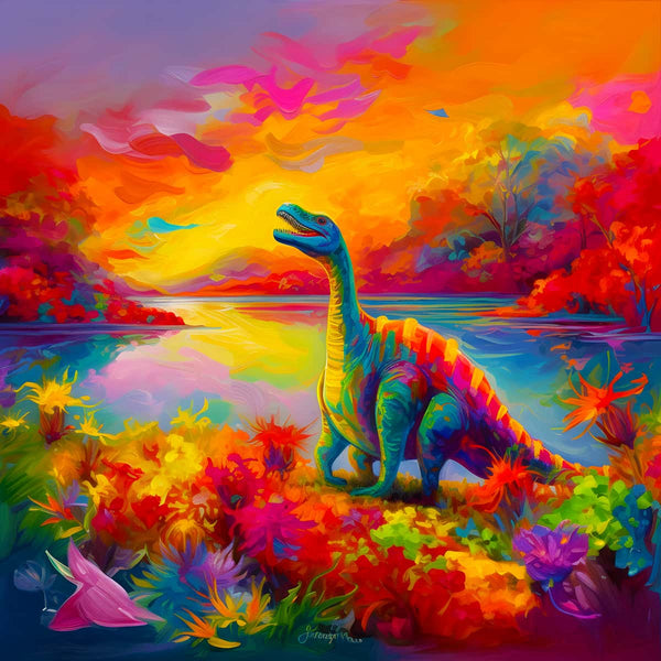 Vibrant dinosaur diamond painting kit with colorful background and sparkling accents.