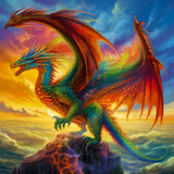 A vibrant diamond painting image of a fiery dragon with colorful wings standing on a rocky peak against a vivid sky backdrop.