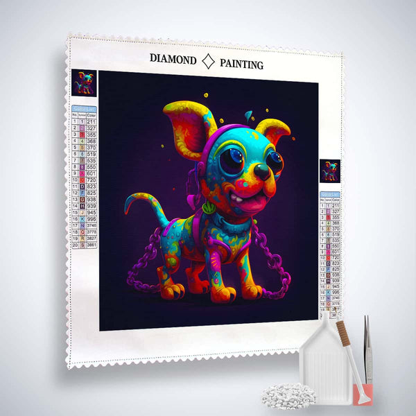 AB Diamond Painting - Neonwelpe with colorful puppy design, includes professional canvas, acrylic diamonds, artist tweezers, and setting tools.