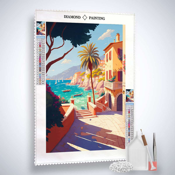Diamond Painting Kit - Italienische Träume with vibrant coastal scenery and included tools