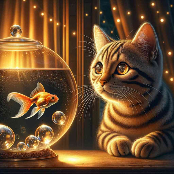 Gestreifte Katze beobachtet Goldfisch im beleuchteten Aquarium, schafft eine magische, warme Atmosphäre in goldener Dämmerung.