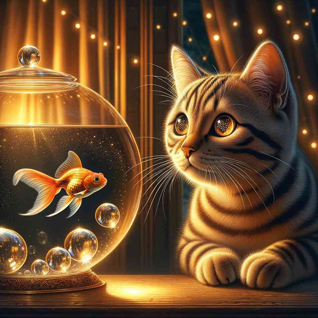 Gestreifte Katze beobachtet Goldfisch im beleuchteten Aquarium, schafft eine magische, warme Atmosphäre in goldener Dämmerung.