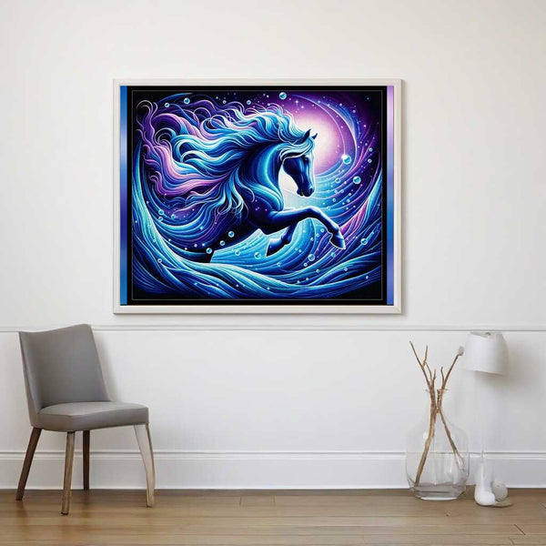 Diamond Painting - Wasserpferd in lebhaften Blau- und Purpurtönen, mystische Aqua-Äquus Kunstwerk an der Wand in modernem Stil