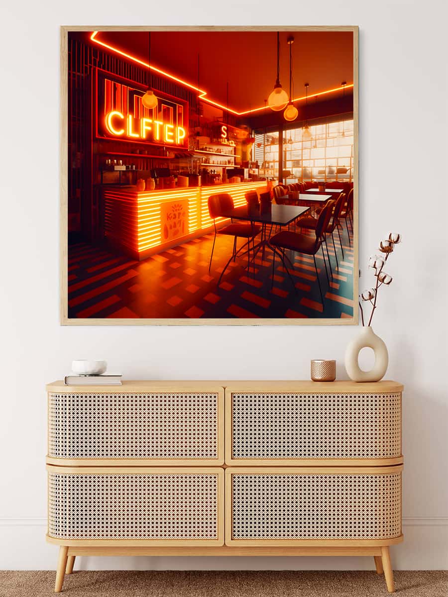 Modern bar interior with neon lights and cozy seating area in a framed painting displayed above a wooden cabinet with drawers and decorative items.