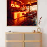 Modern bar interior with neon lights and cozy seating area in a framed painting displayed above a wooden cabinet with drawers and decorative items.