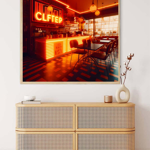 Modern bar interior with neon lights and cozy seating area in a framed painting displayed above a wooden cabinet with drawers and decorative items.