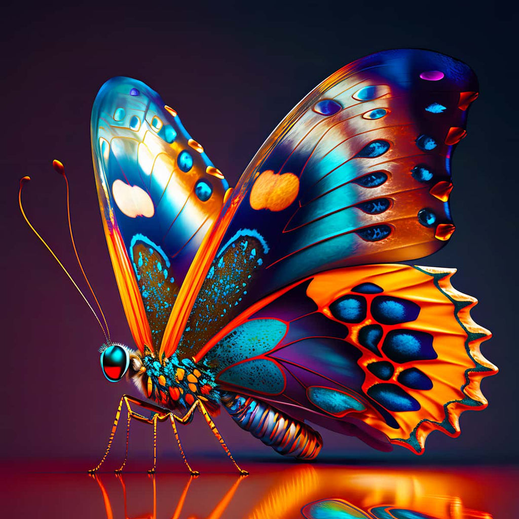 Vibrant orange and blue butterfly illustration for paint-by-numbers relaxation