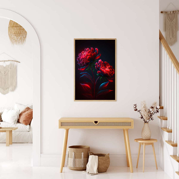 Malen nach Zahlen - Rosen in der Nacht Kunstwerk an der Wand in einem stilvollen, minimalistischen Wohnzimmer.