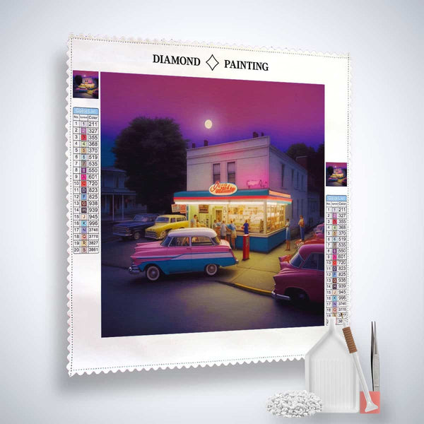 Diamond Painting Kit "Zeitreise an der Zapfsäule" featuring a vintage car scene at a gas station under a purple sky.