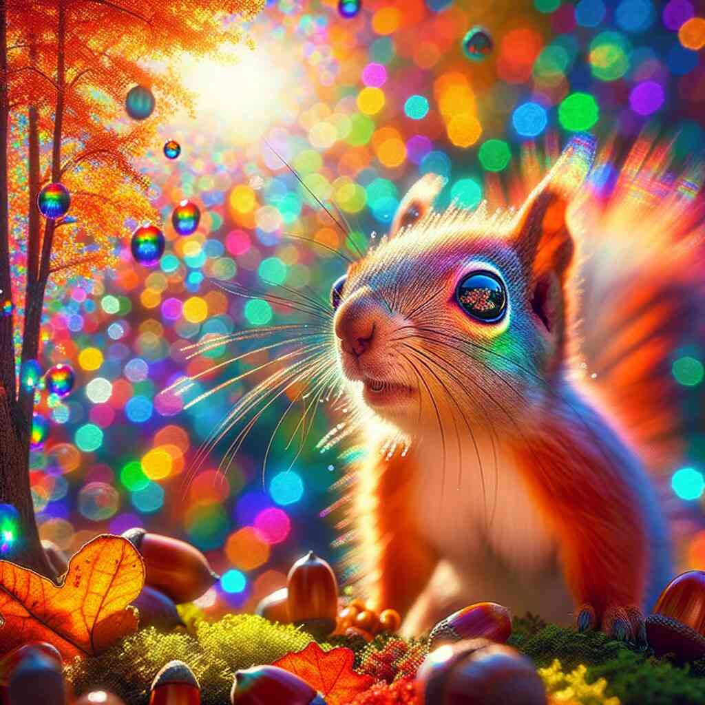 Enchanting forest scene with a vibrant squirrel surrounded by colorful bokeh lights and autumn leaves