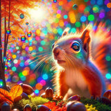 Enchanting forest scene with a vibrant squirrel surrounded by colorful bokeh lights and autumn leaves