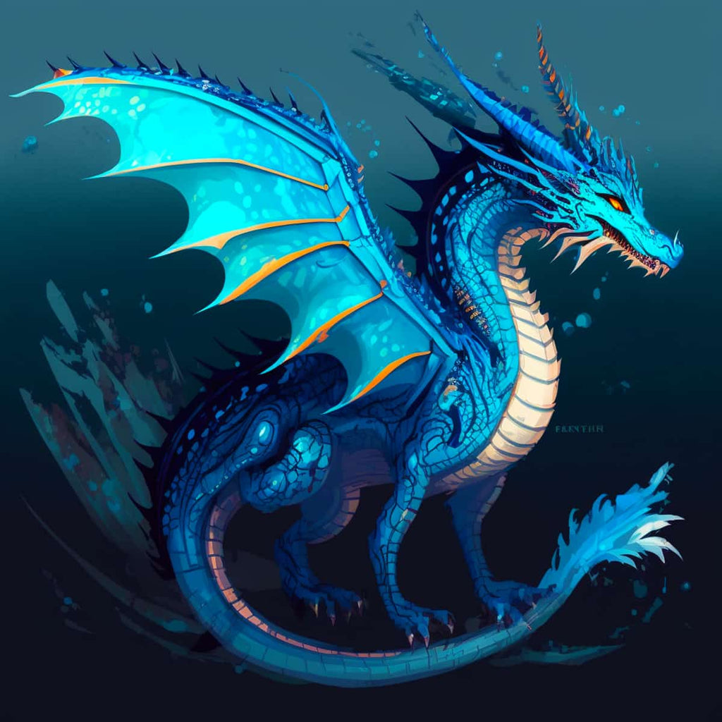 Stunning blue dragon with intricate scales and vibrant wings on a dark background.