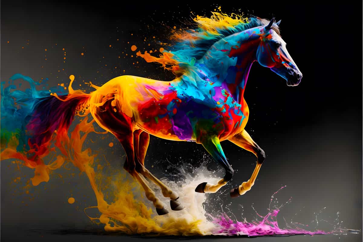 Vibrant colors splashing on a running horse, featured in AB Diamond Painting - Farbenfrohes Pferd artwork.
