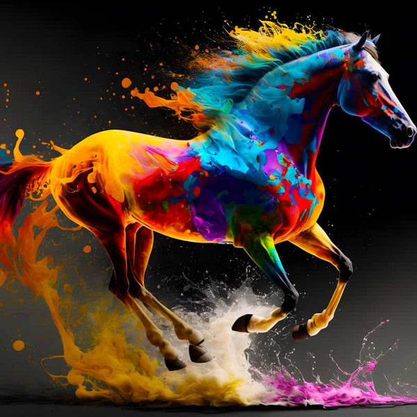 Vibrant colors splashing on a running horse, featured in AB Diamond Painting - Farbenfrohes Pferd artwork.
