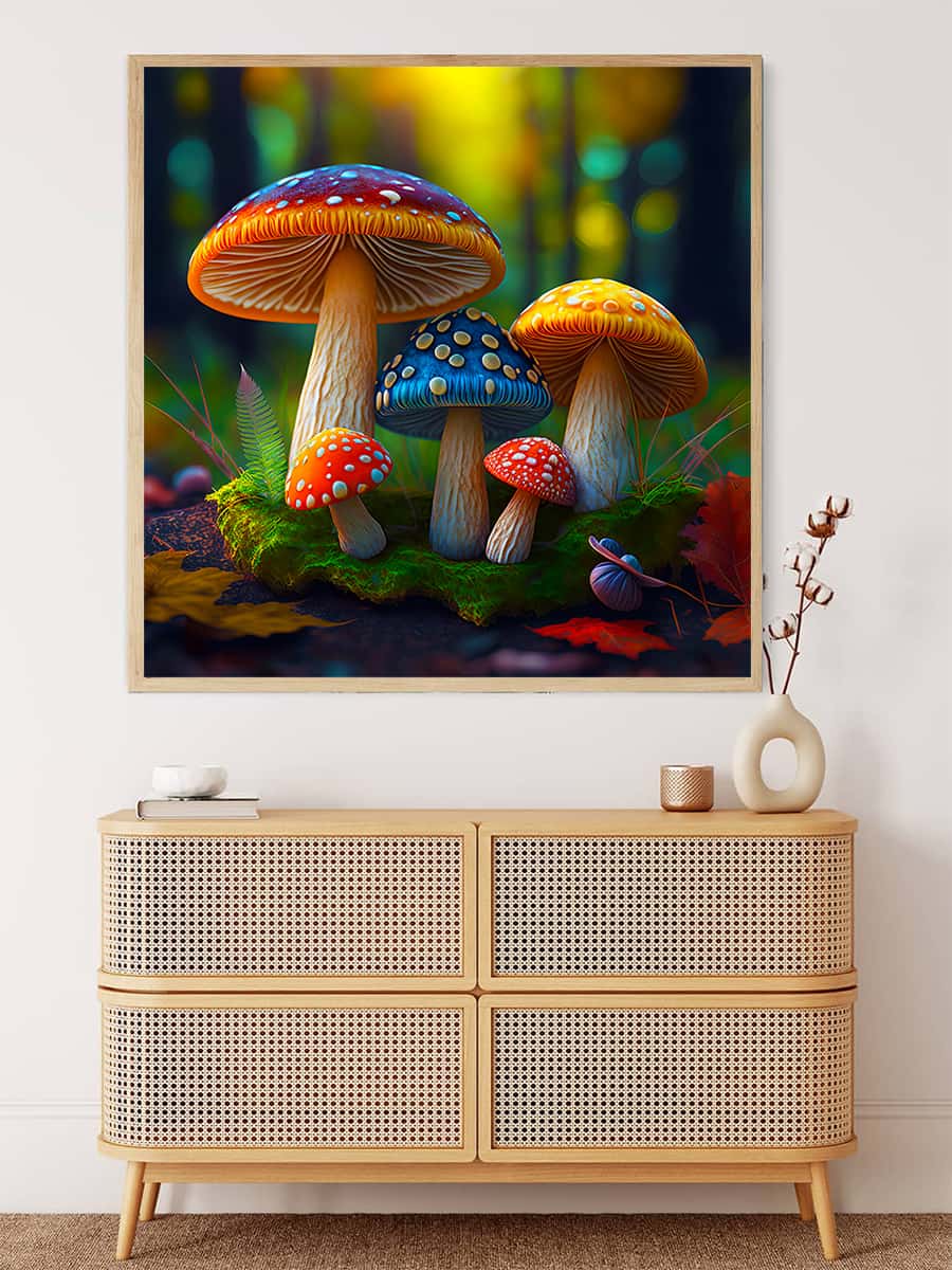Malen nach Zahlen - Regenbogenpilze Wandkunst über Kommode, bunt und entspannend