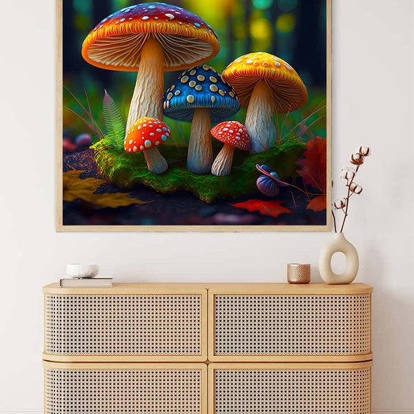 Malen nach Zahlen - Regenbogenpilze Wandkunst über Kommode, bunt und entspannend