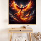 Diamond Painting of a majestic Phoenix in vibrant red, orange, and yellow flames, displayed above a minimalist wooden desk.