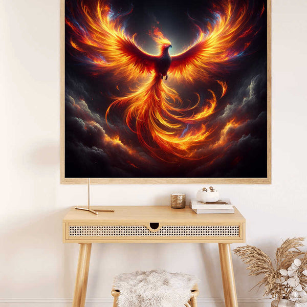 Diamond Painting of a majestic Phoenix in vibrant red, orange, and yellow flames, displayed above a minimalist wooden desk.