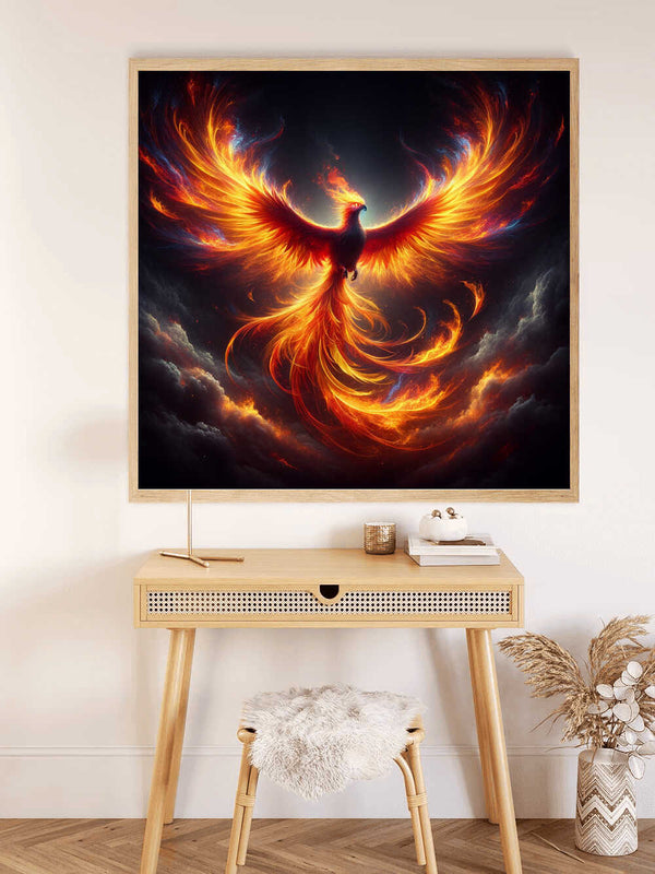 Diamond Painting of a majestic Phoenix in vibrant red, orange, and yellow flames, displayed above a minimalist wooden desk.