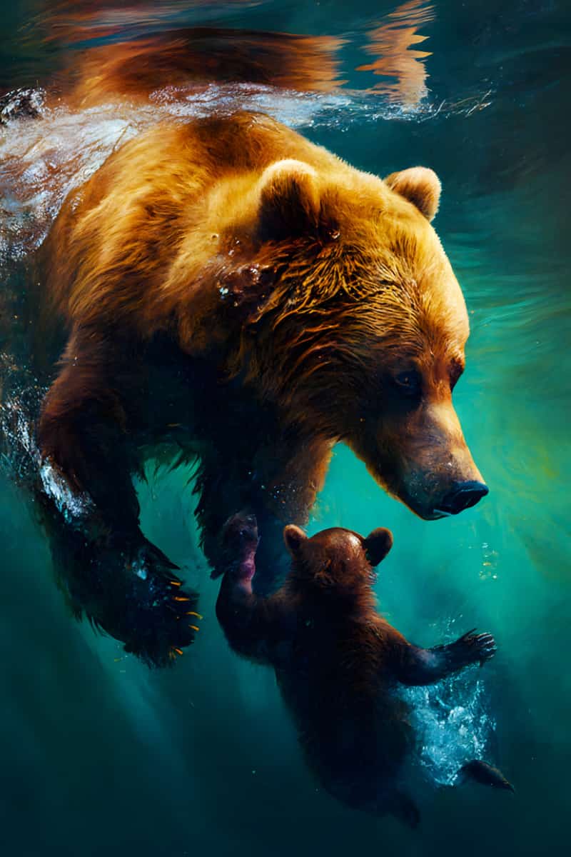 Diamond painting of a mother bear swimming with her cub in a serene underwater scene