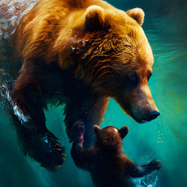 Diamond painting of a mother bear swimming with her cub in a serene underwater scene